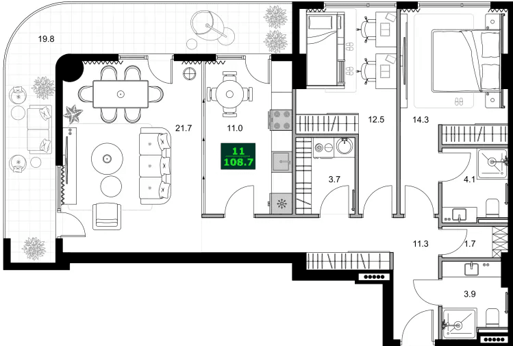 3-комнатная квартира, 108.7 м², 8 этаж в ЖК "SUMMER 365"