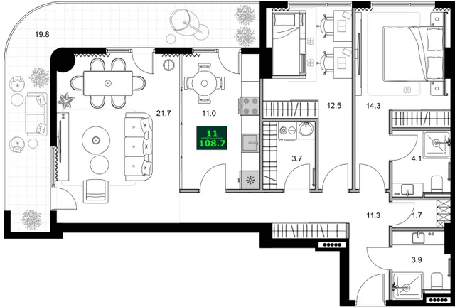 3-комнатная квартира, 108.7 м², 12 этаж в ЖК "SUMMER 365"
