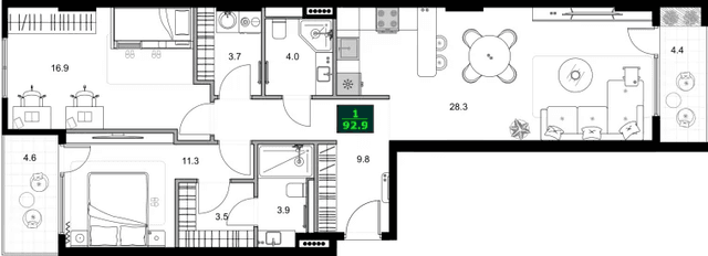 3-комнатная квартира, 92.9 м², 2 этаж в ЖК "SUMMER 365"