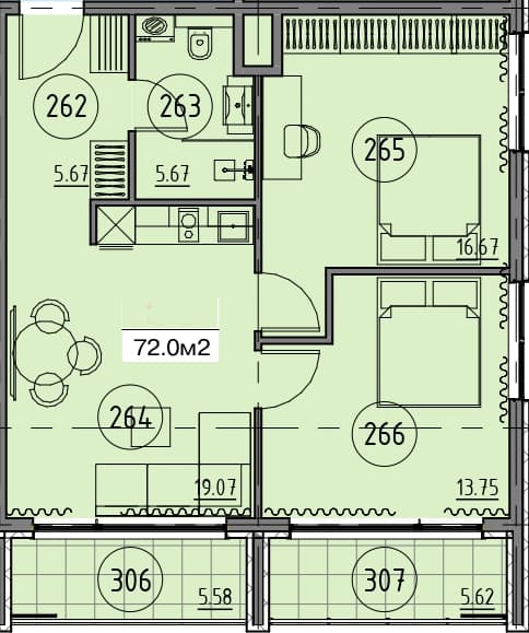 2-bedroom apartment, 72 m², 3 floor in "Grand Botanico Residence"