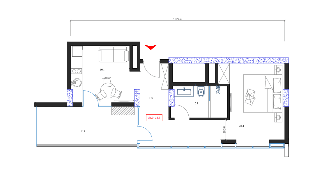 1-bedroom apartment, 56 m², 15 floor in "Marina Club"