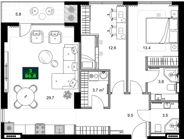 3-bedroom apartment, 86.8 m², 6 floor in "SUMMER 365"