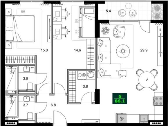3-комнатная квартира, 86.1 м², 4 этаж в ЖК "SUMMER 365"