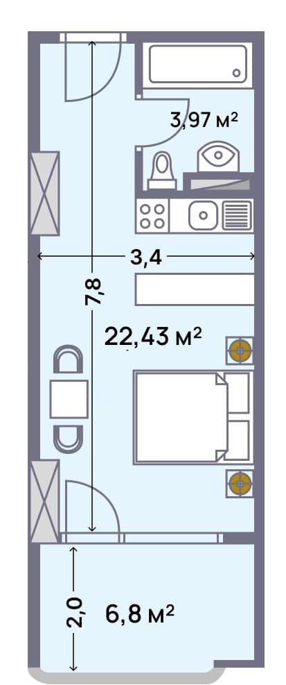 apartment, 33.2 m², 16 floor in "Wyndham Grand Aqua"