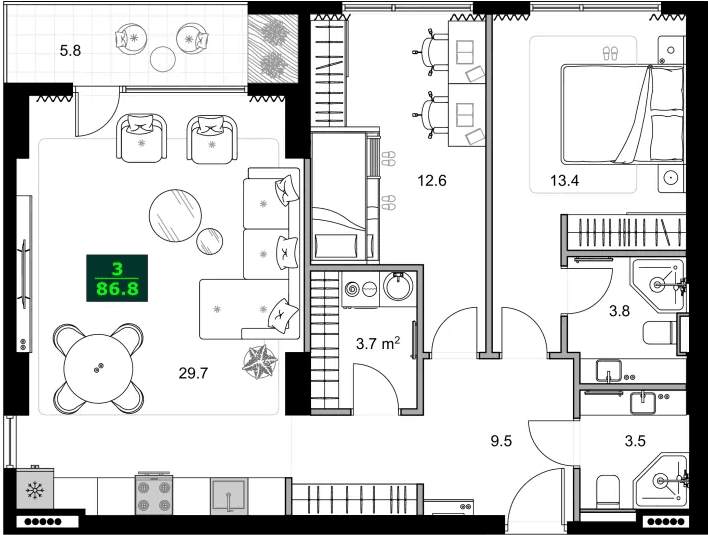 3-bedroom apartment, 86.8 m², 9 floor in "SUMMER 365"