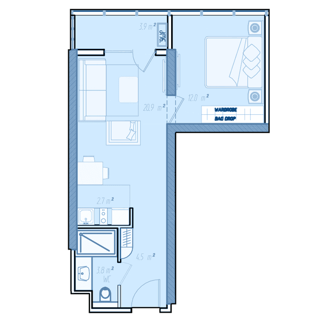 1-bedroom apartment, 44.2 m², 17 floor in "BlueSky Tower"