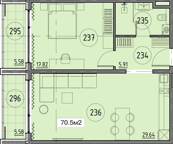 1-bedroom apartment, 70.5 m², 5 floor in "Гранд Ботанико Резиденс"