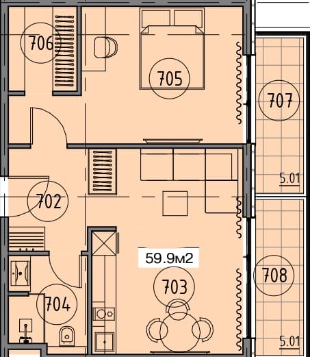 1-bedroom apartment, 59.9 m², 6 floor in "Гранд Ботанико Резиденс"