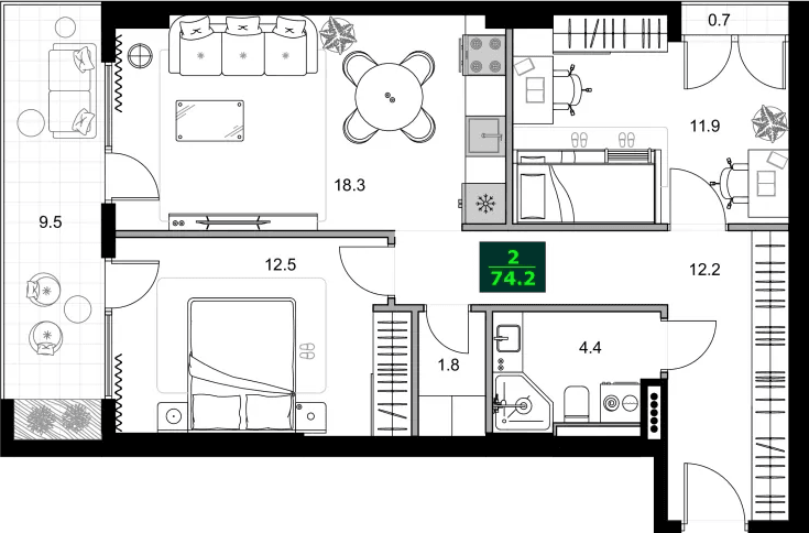 3-bedroom apartment, 74.2 m², 6 floor in "SUMMER 365"