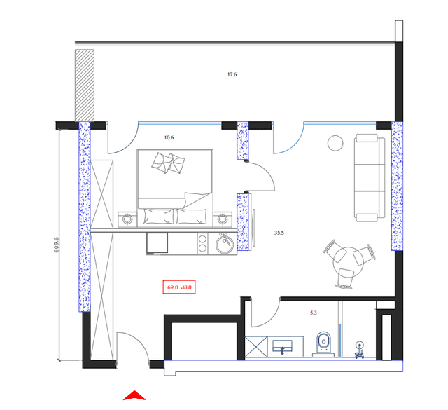 1-комнатная квартира, 69 м², 9 этаж в ЖК "Marina Club"