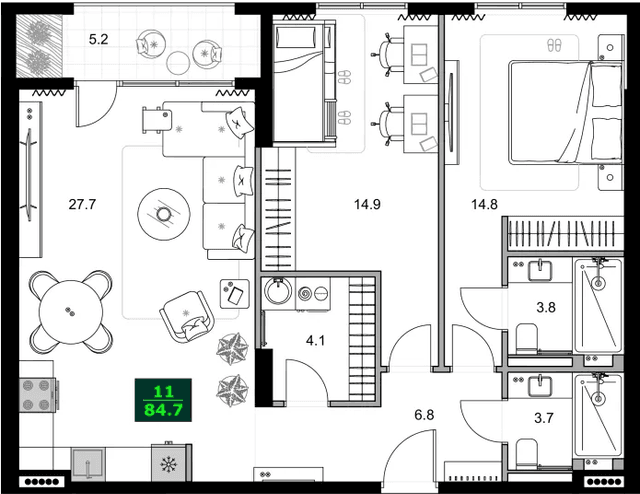 3-комнатная квартира, 84.7 м², 6 этаж в ЖК "SUMMER 365"