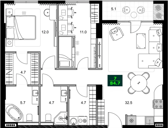 3-комнатная квартира, 84.7 м², 9 этаж в ЖК "SUMMER 365"