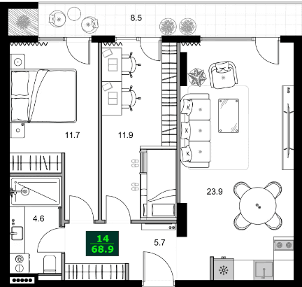 3-bedroom apartment, 68.9 m², 4 floor in "SUMMER 365"